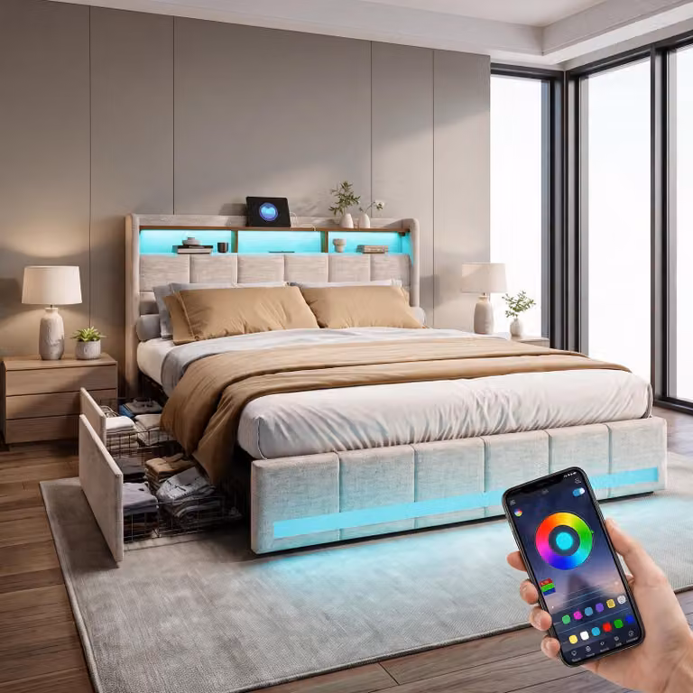INONEFT, Letto contenitore 180x200 cm, letto con spazio contenitore, 4 cassetti, letto imbottito con LED e USB, struttura letto matrimoniale con rete a doghe, colore: lino, beige
