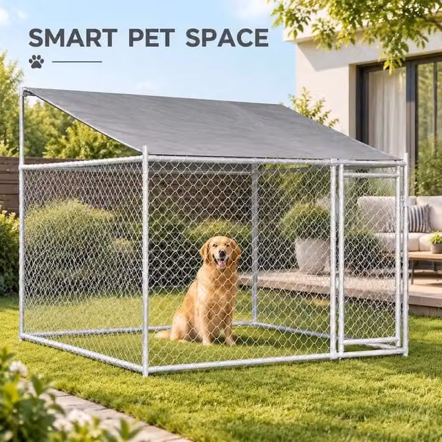 Dog Kennel With Roof And Door, Grey, 2x2x2 M, Galvanized Steel