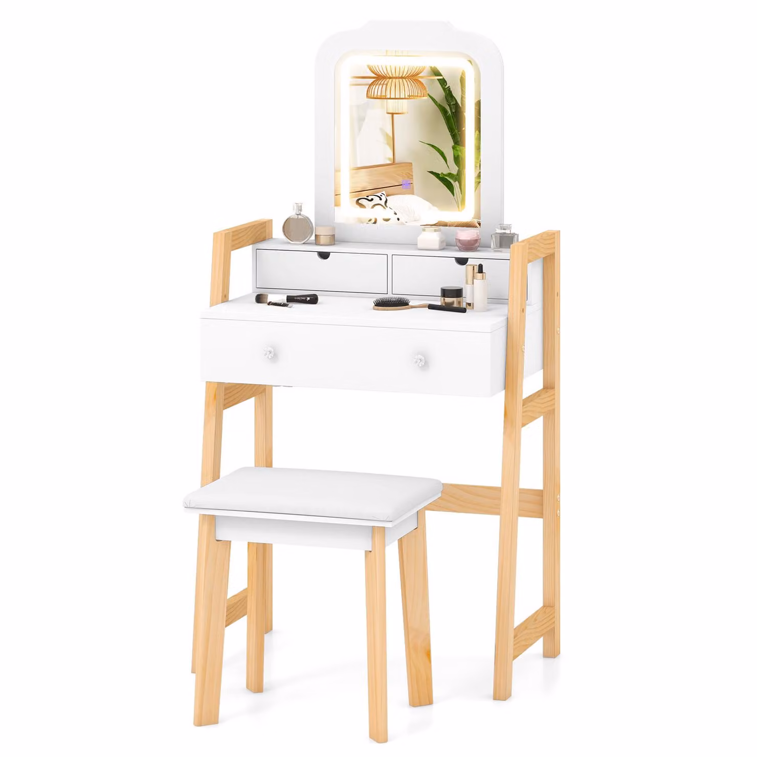Tavolino da toilette COSTWAY con sgabello imbottito, set di tavolini da toilette con gambe in pino, tavolino da trucco con 3 cassetti, tavolino da toilette bianco, tavolino cosmetico con specchio regolabile