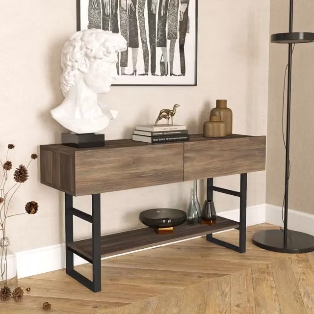 Tavolo Consolle Lappeenranta en.casa Mobile Contenitore con Ante a Ribalta Effetto Rovere Scuro e Nero H: 76 cm, L: 139 cm, P: 43 cm