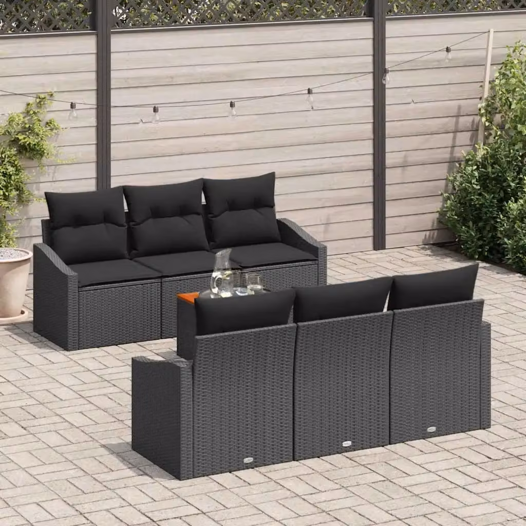Set Divano da Giardino vidaXL 7 Pezzi in Polyrattan Nero con Cuscini e Tavolino – 1