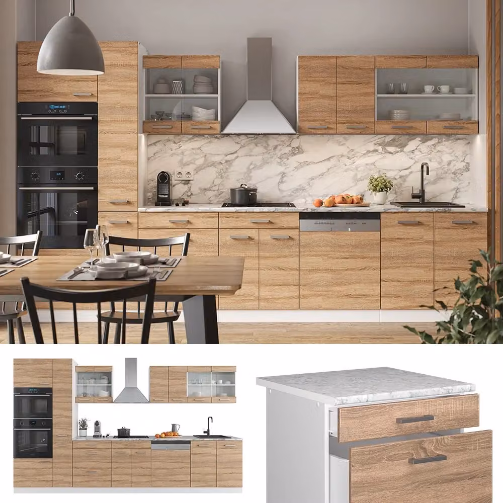 Cucina componibile moderna Vicco R-Line Sonoma e Bianco con armadio alto e piano di lavoro Antracite, L: 350 cm – 2