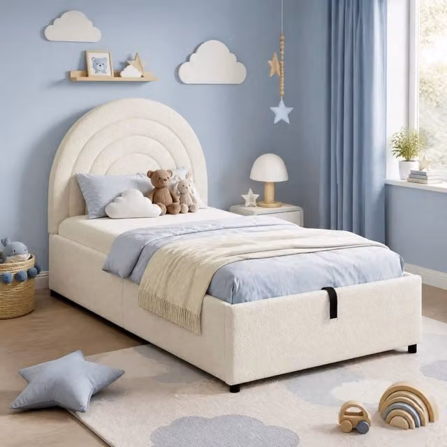 Letto singolo con contenitore Mivray con sollevamento idraulico e testiera imbottita in bouclé beige L/P: 90 x 200 cm