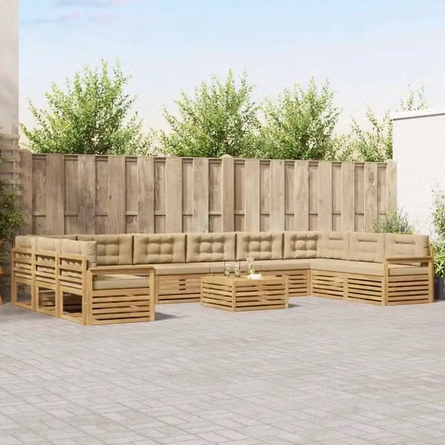 Set di divani da giardino a L con tavolo da caffè vidaXL in legno di acacia marrone e beige, composto da 11 pezzi con cuscini inclusi