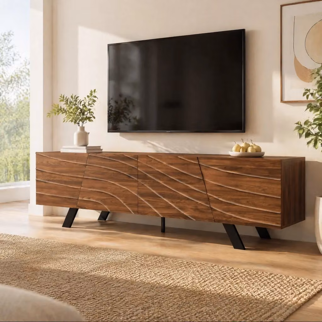 Mobile TV moderno MODFU con frontale ondulato in MDF color noce e gambe in ferro nero L: 160 cm, P: 39 cm, H: 50,5 cm – 2
