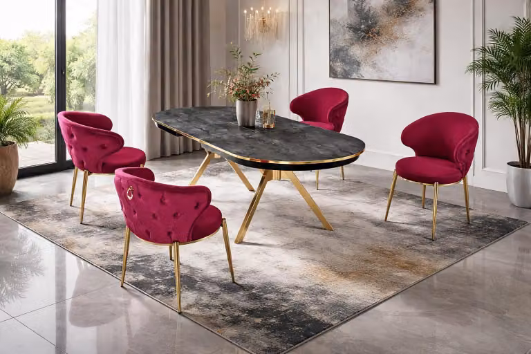 Tavolo con 4 sedie, stile moderno, colore nero, nuovo, ovale, allungabile