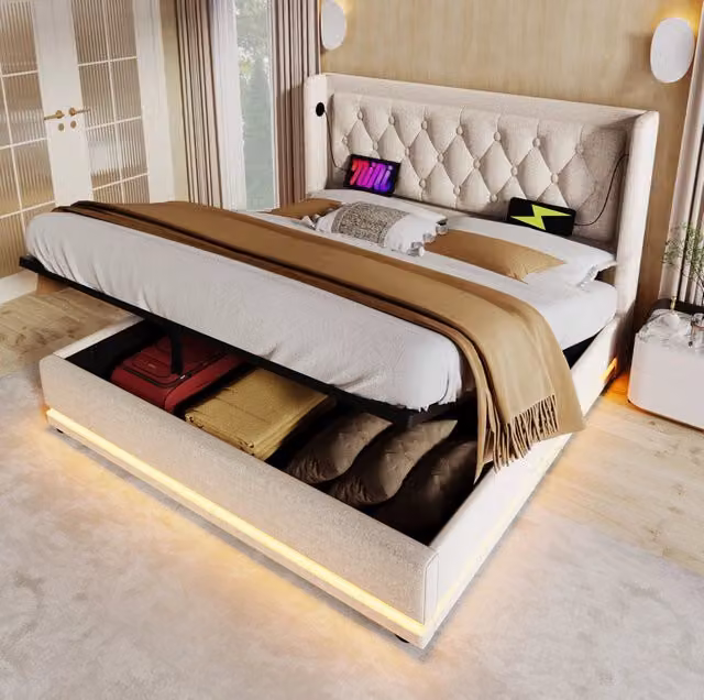 Letto matrimoniale contenitore ULEVR 160x200 cm con LED, USB e Type-C, testiera imbottita in cotone beige