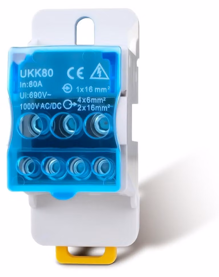Blocco di connessione per quadro elettrico, 80A, 1 ingresso e 6 uscite, morsettiere su guida DIN