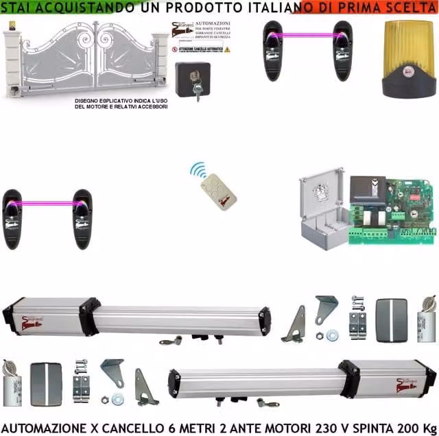 Cancello Automatico 6 Metri 2 Ante Kit Base 2 Motori Elettromeccanici 230 V Corsa 500 mm Spinta 2 Q.tali Centrale Con Radio 2 Coppie di Fotocellule Radiocomando Faro 2 Chiavi Sblocco Cartello Monitore