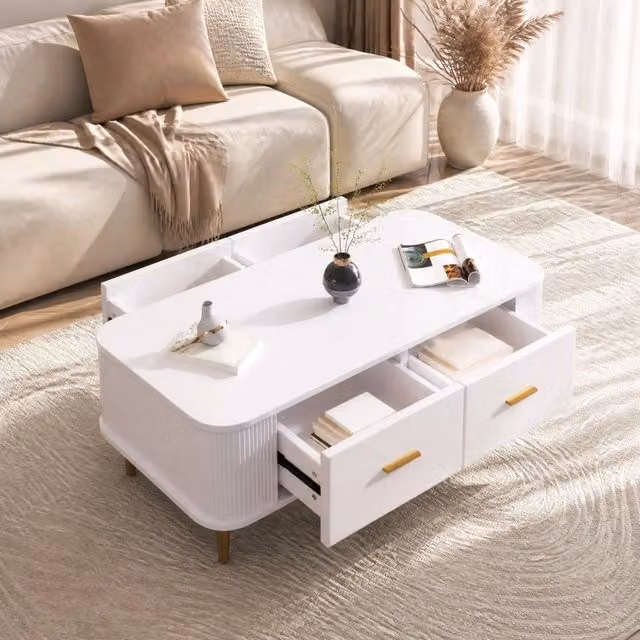 Tavolino da salotto bianco con cassetti, maniglie e gambe dorate, angoli arrotondati, 105x51x38 cm