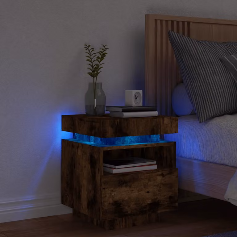 Comodino moderno vidaXL con luci LED in rovere fumo, L 40 cm x P 39 cm x H 48,5 cm