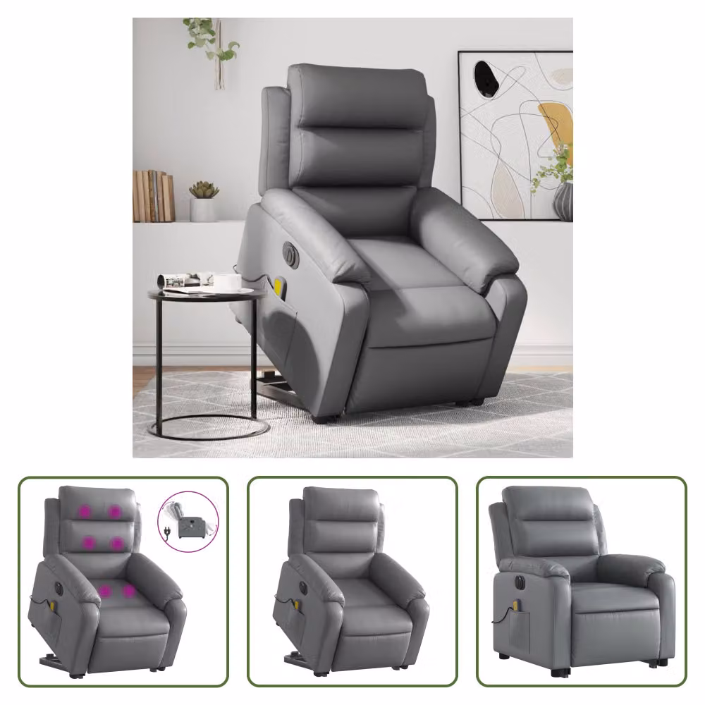The Living Store Sedia massaggiante con supporto in piedi elettrica in ecopelle grigia