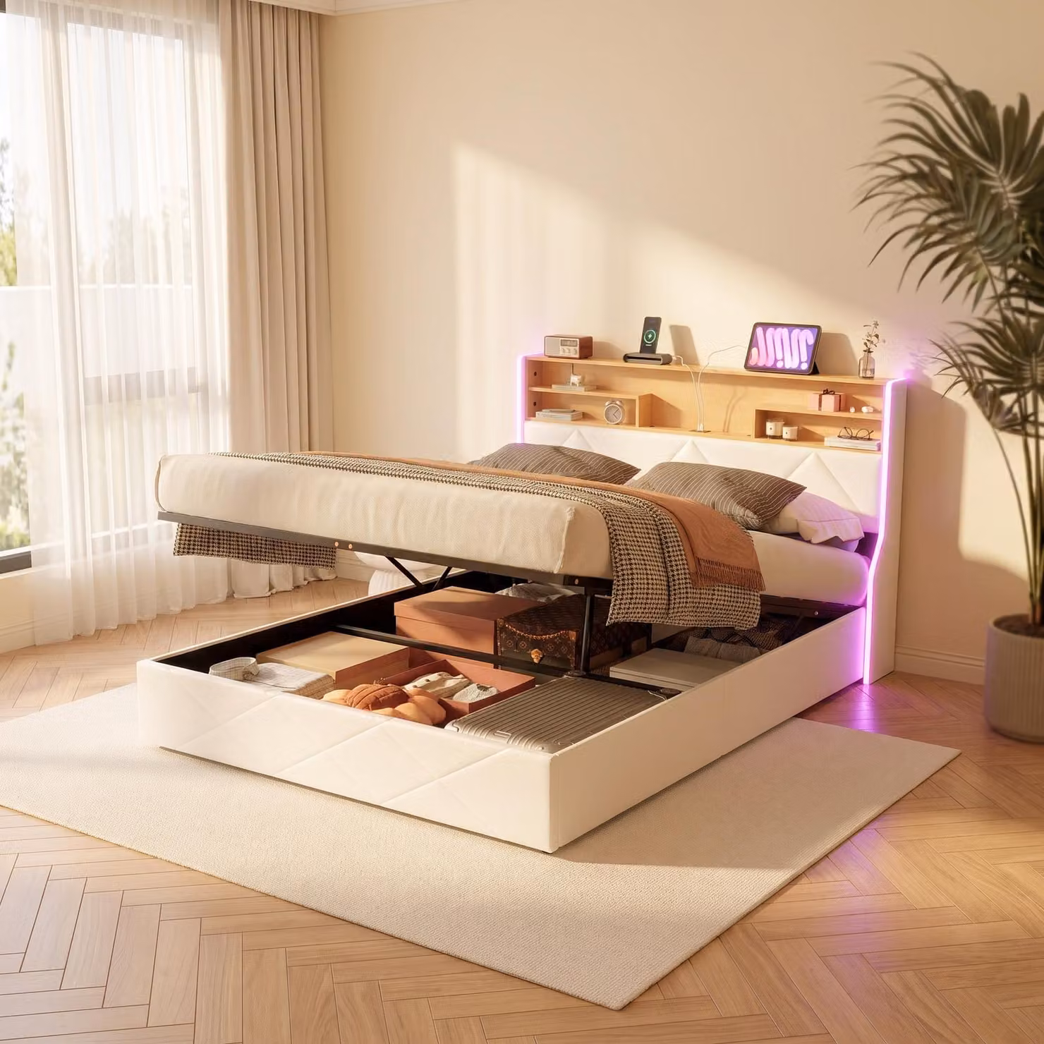 Letto con boxspring INONEFT, 140x200 cm, con LED e USB, letto imbottito con contenitore, letto con testiera contenitore, struttura letto con rete a doghe, in PU