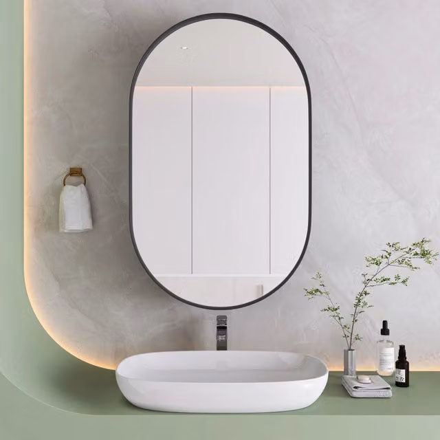 Armadio specchio ovale REDOM nero in metallo e vetro per bagno o camera da letto, con ante in vetro e ripiani interni, installazione a parete o incasso – 1