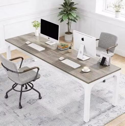 Scrivania ULEVR 200x70x75 cm per 2 persone, piano in pannello truciolare e struttura in metallo, tortora e bianco