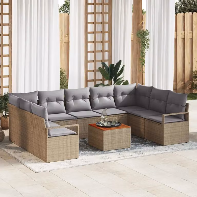 Set Divano da Giardino vidaXL 10 Pezzi a Forma di U con Tavolino, Polyrattan e Cuscini Beige e Grigio