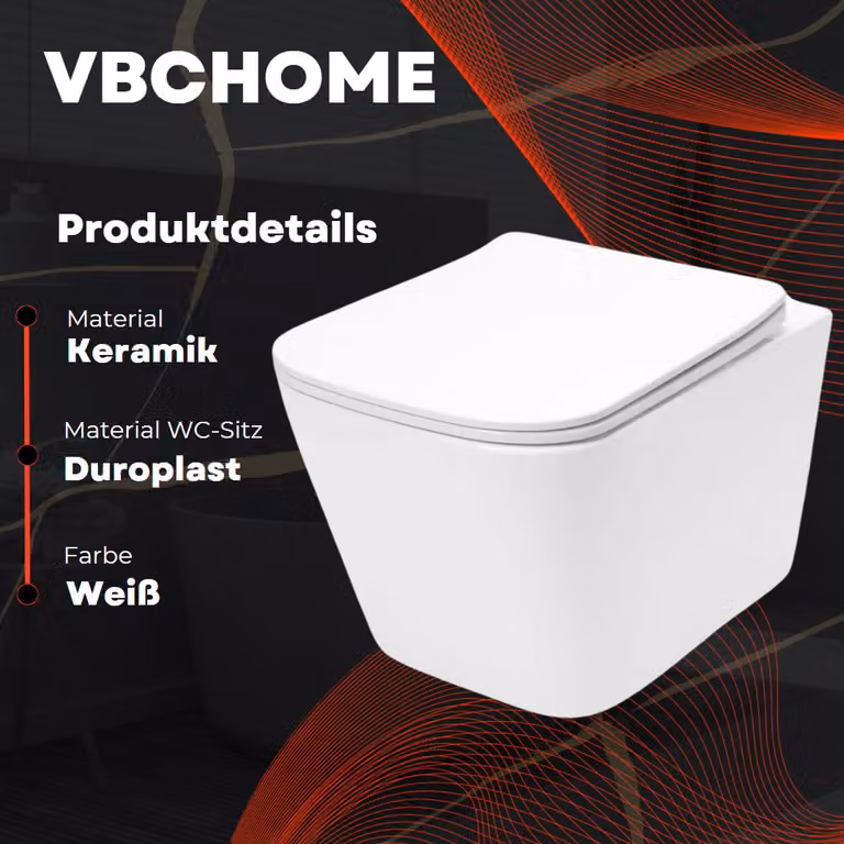 VBChome WC sospeso senza brida in Vetroceramica con coperchio WC Sedile WC in duroplast Sistema di chiusura ammortizzata Rimless Funzione SoftClose WC a scarico profondo