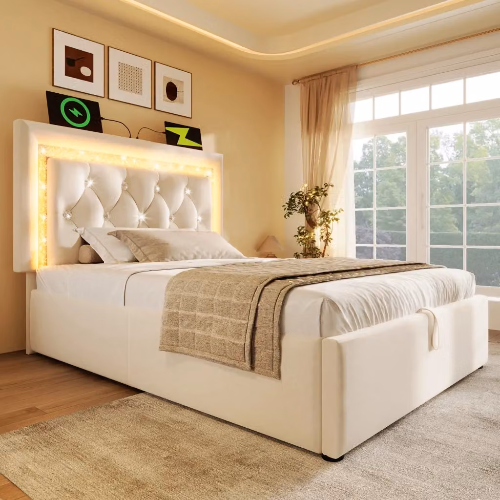 Letto contenitore singolo in velluto beige con testiera, illuminazione LED e porte USB e Type-C, L/P/H: 90 x 200 x 101 cm – 2