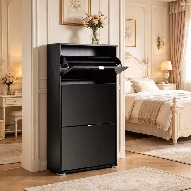 Scarpiera 60x26x124 cm con 3 ante a ribalta in MDF nero