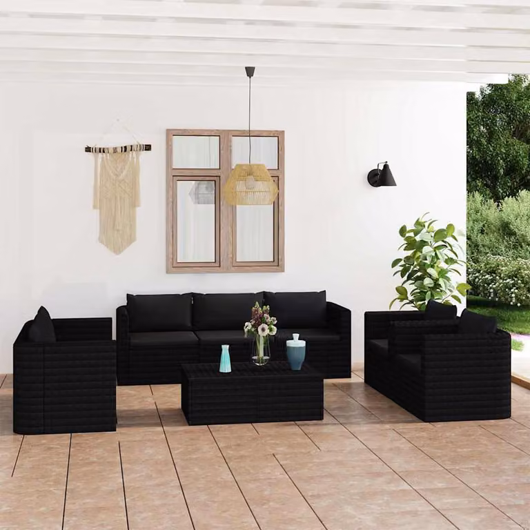 Set di divani da giardino vidaXL in rattan nero con cuscini e struttura in metallo, 9 pezzi