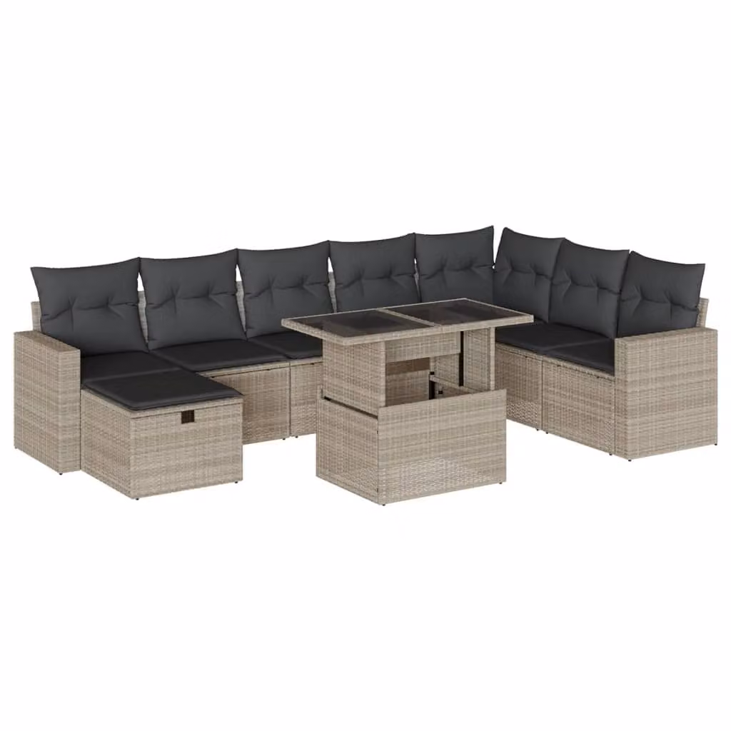 Set Divano da Giardino 9pz con Cuscini Grigio Chiaro Polyrattan