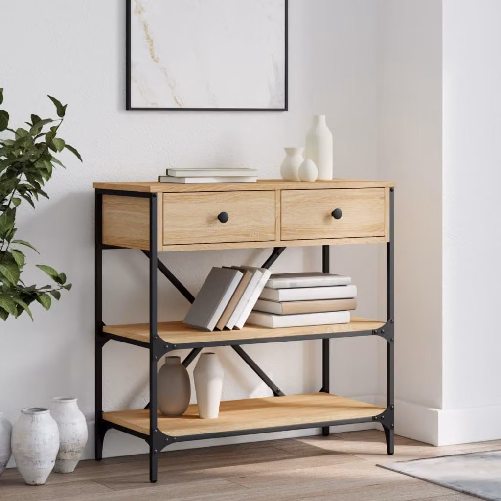 Tavolino Consolle vidaXL in Legno Rovere Sonoma e Metallo, Colore Marrone, L 75 cm x P 34,5 cm x H 75 cm