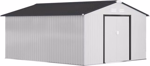 Casetta da Giardino 3.4x3.8x2 m in Acciaio con Doppia Porta Scorrevole e Tetto Inclinato, Argento