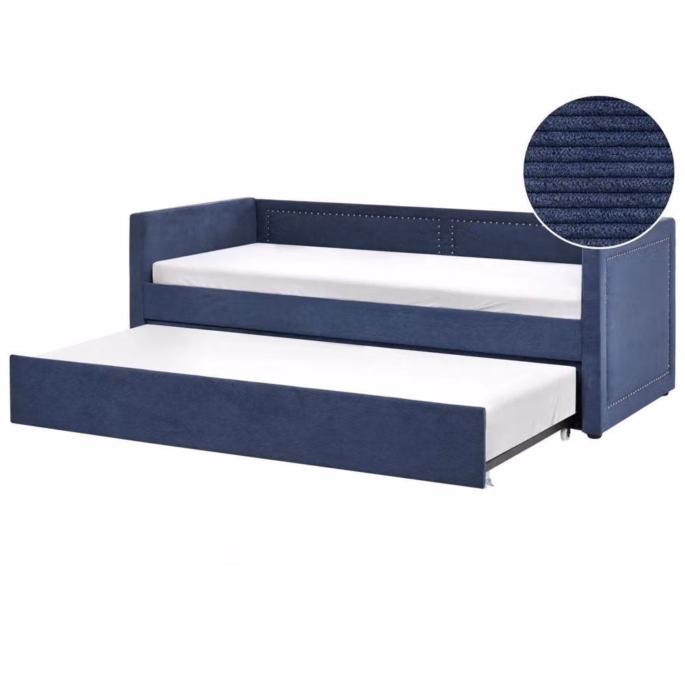 Letto da giorno estraibile BELIANI in velluto a coste blu marino con rete a doghe e testiera decorata L/P/H: 200 x 90 x 76 cm – 2