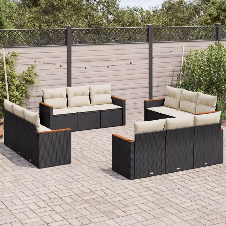 Set di Divani da Giardino vidaXL a Forma di U con Cuscini, Struttura in Metallo e Polyrattan, Colore Nero e Bianco