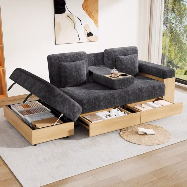 Divano Letto con Contenitore 3 Posti Grigio in Ciniglia con Cassetti 217cm