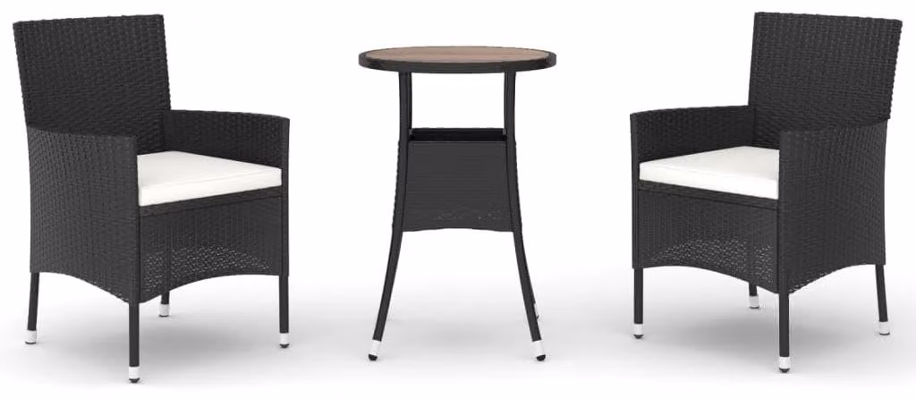 Set da bistrot 3 pezzi in rattan sintetico - nero con cuscini color crema - struttura in acciaio resistente agli agenti atmosferici