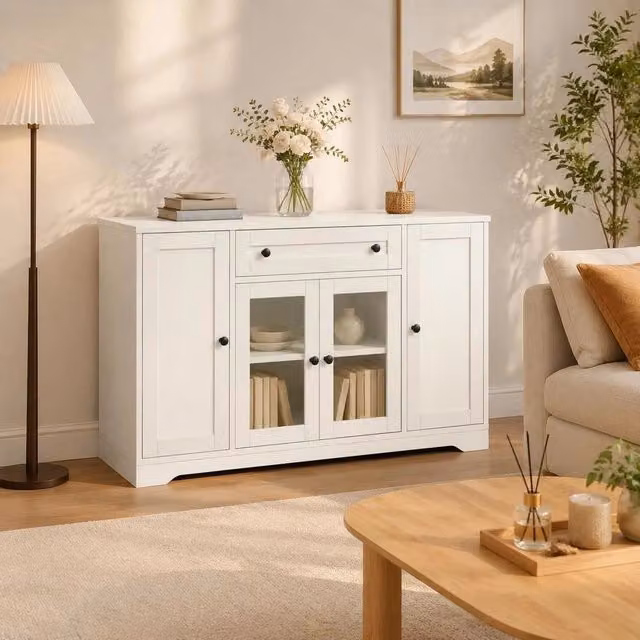 Madia buffet contenitore con 2 ante in vetro, 1 cassetto e ripiani regolabili, credenza in legno per soggiorno, sala da pranzo e ingresso, bianca, 138x40x83 cm, capiente e raffinata