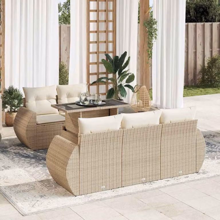 Set Divano da Giardino vidaXL 6 pz a L con Cuscini Beige e Tavolino, Polyrattan e Struttura in Acciaio Verniciato a Polvere