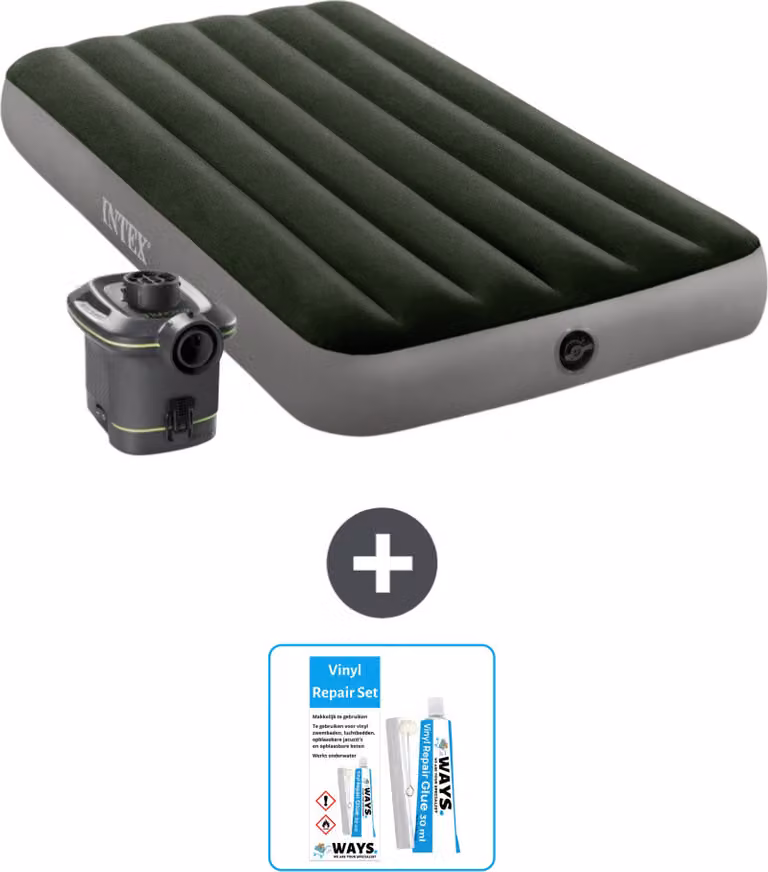 Intex Airbed - 1 persona - 99 x 191 x 25 cm - Verde - Pompa inclusa - Kit di riparazione