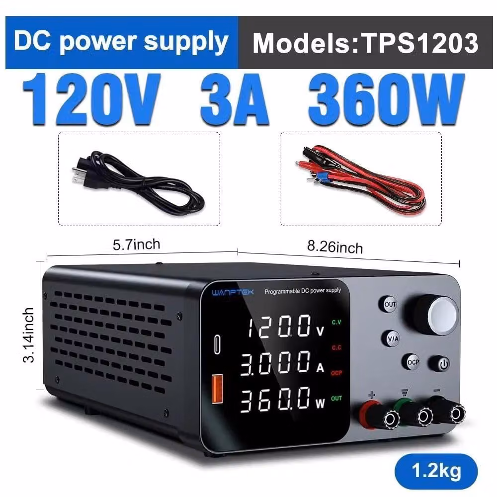 Alimentatore da laboratorio DC - TPS 120V 3A 360W - Regolabile da 0 a 120V, 3A, 360W - Uscite USB-A e USB-C - Protezione da sovracorrente (OCP) - Spina EU da 220V
