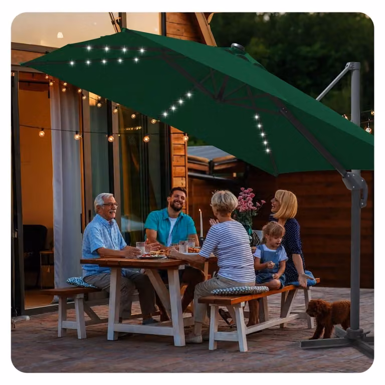 Ombrellone per pergolati, ombrellone parasole, 300x300 cm, verde, a forma quadrata, con manovella, rotazione a 360°, protezione UV50+, con luci LED solari