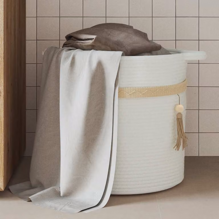 Cestino portaoggetti vidaXL in cotone bianco con maniglie e design a trama aperta, pieghevole, Ø 38 x 36 cm