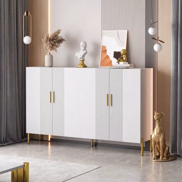 Armadio da pranzo moderno bianco opaco 160x35x100 cm, multifunzione con 4 ante (aperte e chiuse) e decorazione oro