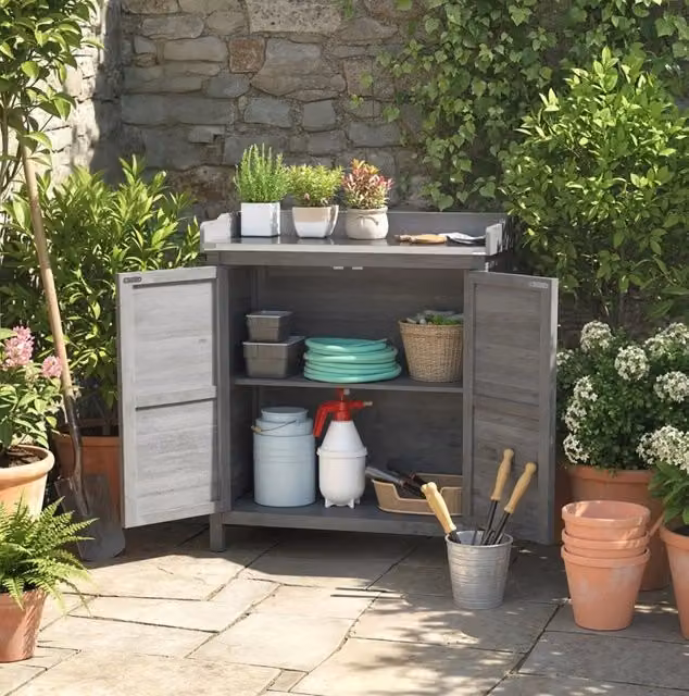 Armadio da giardino con piano da rinvaso; legno di abete massello e metallo zincato; grigio