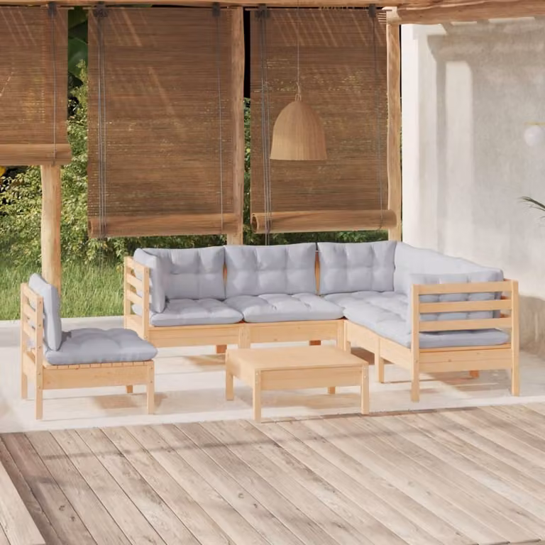 The Living Store Set da giardino da 6 pezzi con cuscini grigi in legno di pino
