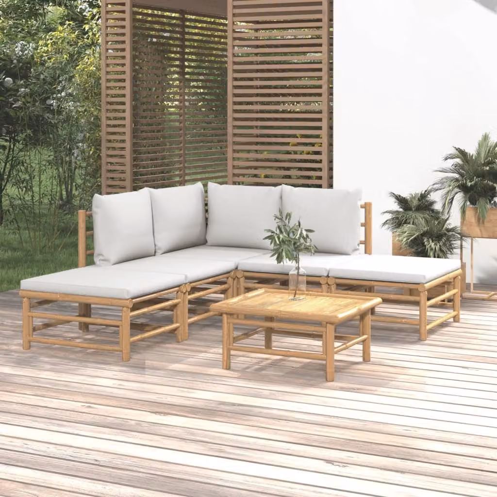 The Living Store Set da giardino da 6 pezzi con cuscini in bambù grigio chiaro