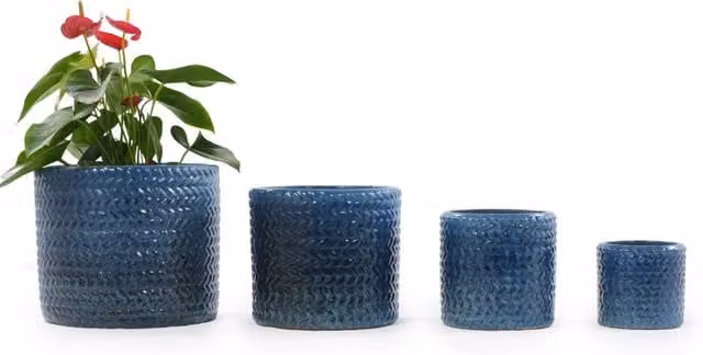 Set di 4 vasi ULEVR in ceramica blu scuro ?37/31/24,5/17,5 cm con foro di drenaggio e rilievo a spina di pesce