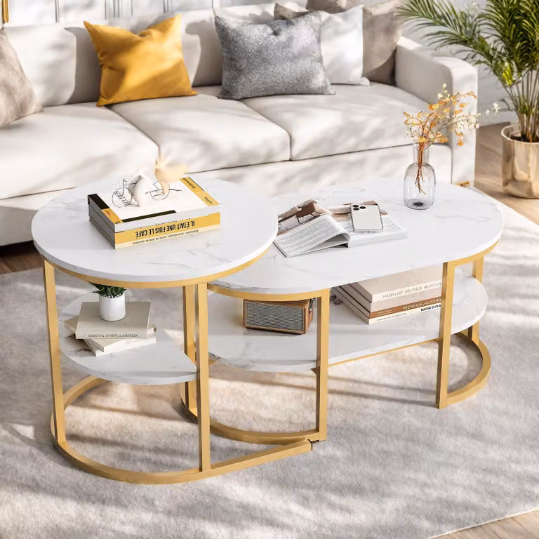 Set da 2 tavolini da caffè INONEFT, con spazio contenitore, finitura effetto marmo e struttura in metallo, ideali per il soggiorno, la camera da letto o il balcone