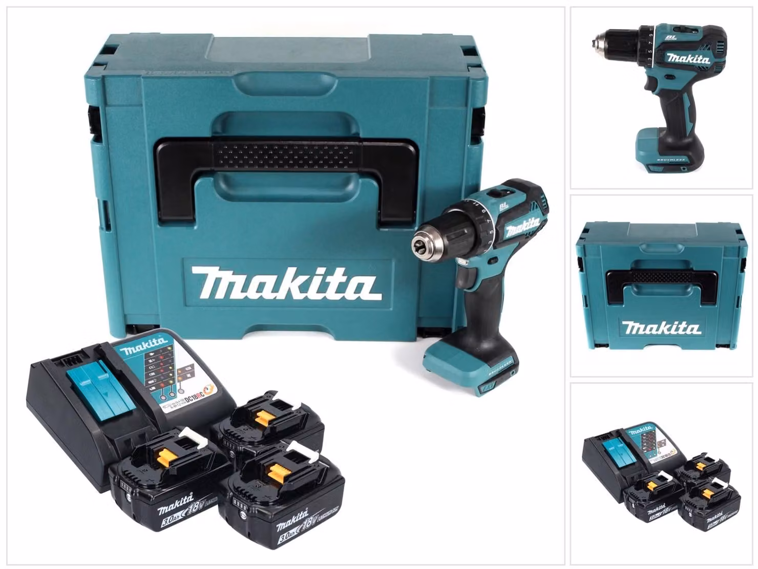 Trapano avvitatore a batteria Makita DDF 485 RF3J 50Nm 18V Brushless + 3 batterie da 3,0Ah + caricabatterie + valigetta Makpac
