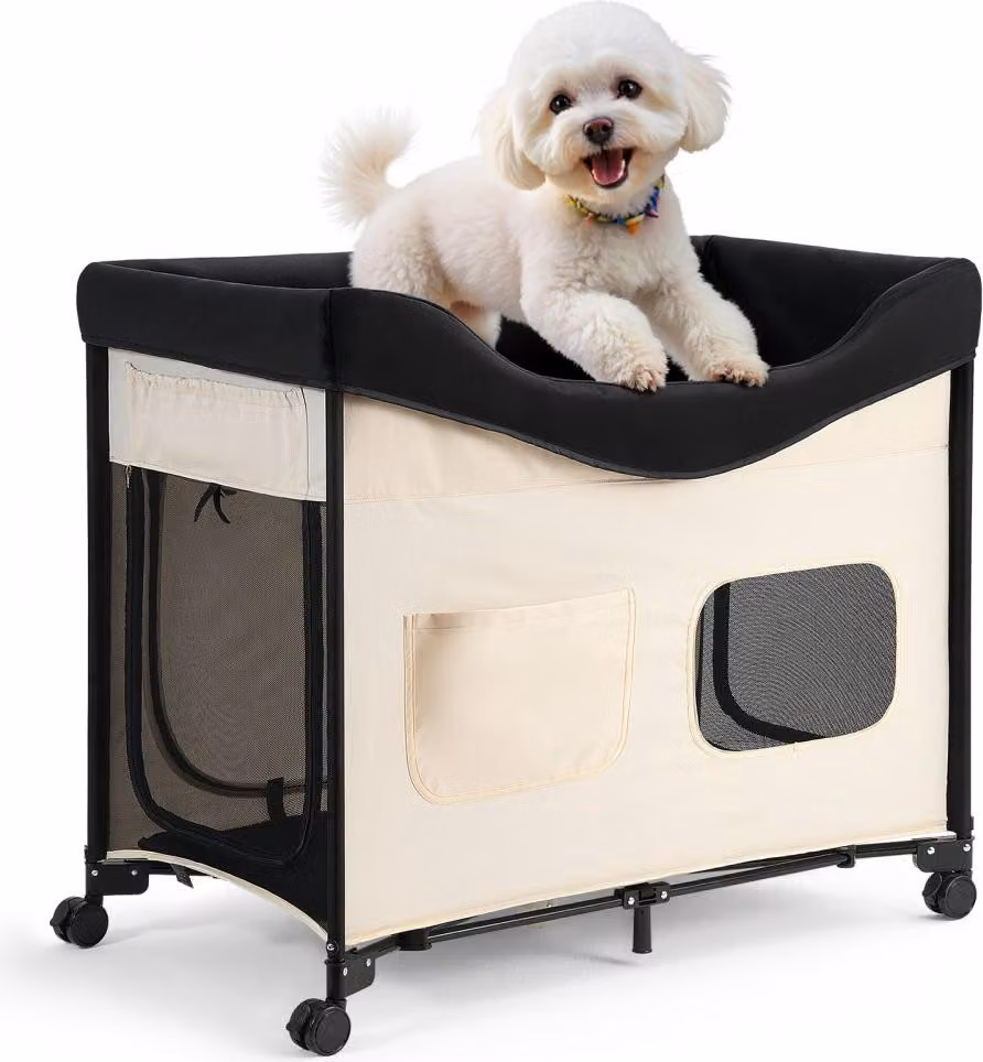 Letto rialzato per animali domestici (XL), letto pieghevole per cani con tessuto Oxford 600D e velluto olandese, lettino rialzato portatile con ruote, tasche laterali e borsa per il trasporto - Beige