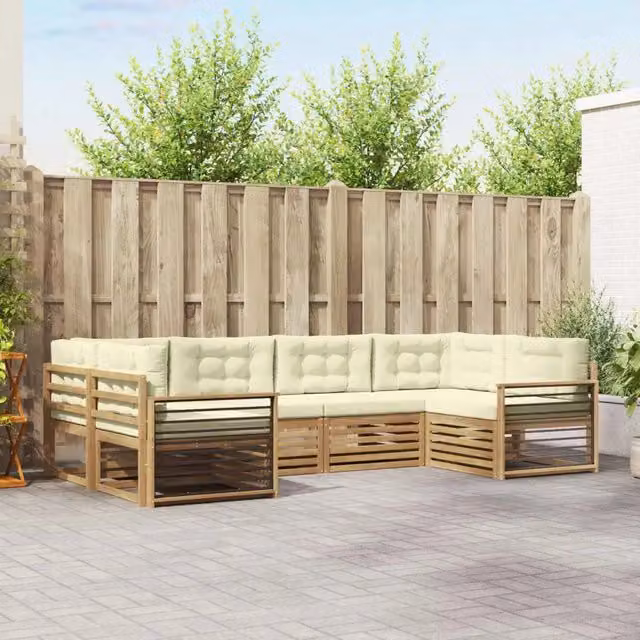 Set di divani da esterno a L vidaXL in legno di acacia con cuscini, Bianco e Beige – 1