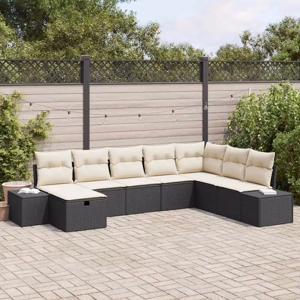 Set Divano da Giardino a L vidaXL in Polyrattan Nero con Cuscini e Ottoman – 1