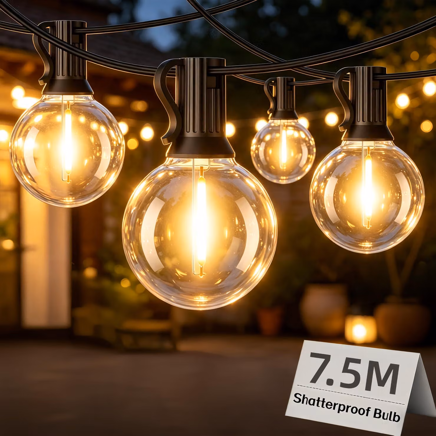 Catena luminosa per esterni, lunghezza 7,5 metri, 12 luci più una luce aggiuntiva, luce bianco caldo, infrangibile