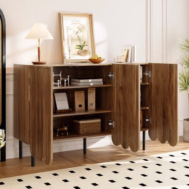 Credenza ULEVR 120x35x80 cm con ante ondulate senza maniglie e ripiani regolabili, MDF color noce