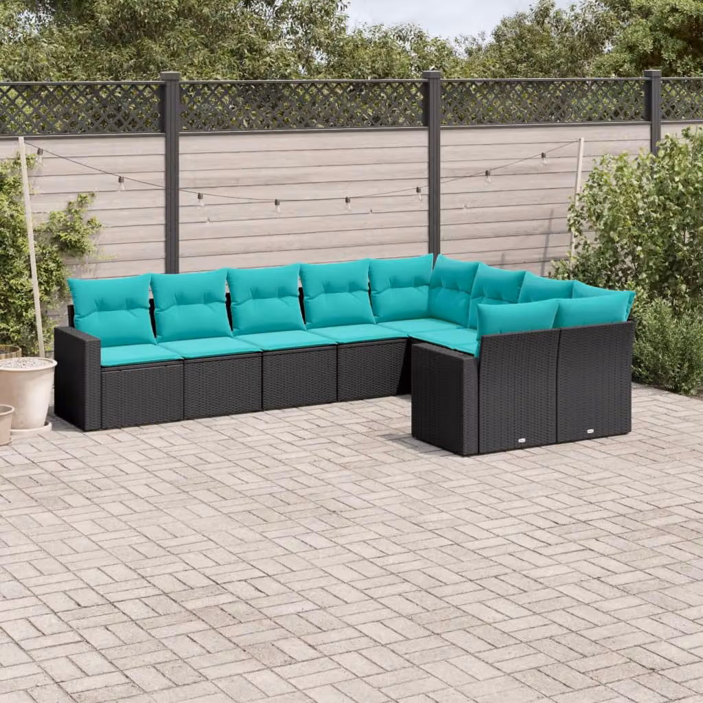 vidaXL Set Divani da Giardino a L 9 pz in Polyrattan Nero con Cuscini Imbottiti e Rivestimenti Rimovibili